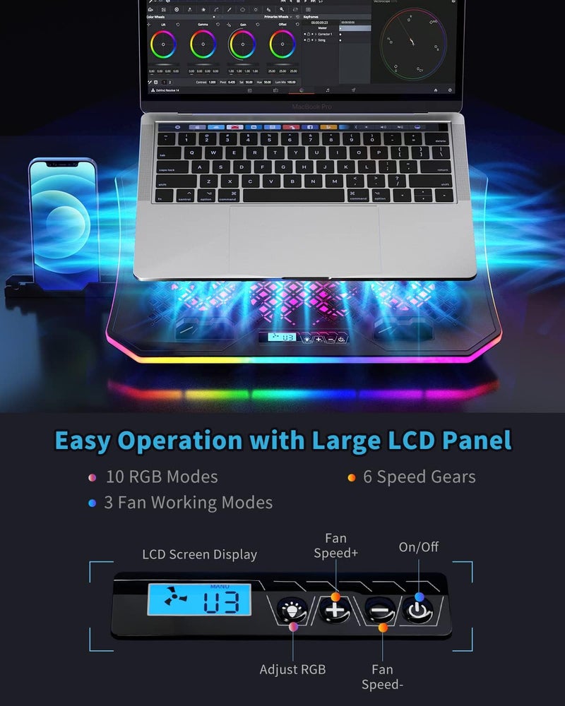 KeiBn وسادة تبريد لابتوب، مبرد لابتوب RGB لأجهزة اللابتوب من 15.6 إلى 17.3 بوصة، مع 10 أوضاع إضاءة | 6 مراوح | 7 ارتفاعات | 2 منفذ USB | استخدام على المكتب أو في الحضن (A8/بنفسجي) - Image 3